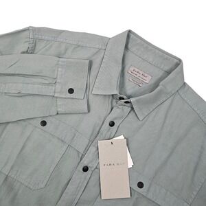 NWT Zara Man Chambray Shirt/Jacket Mens L Green Regular‎ Fit Pockets Lightweight